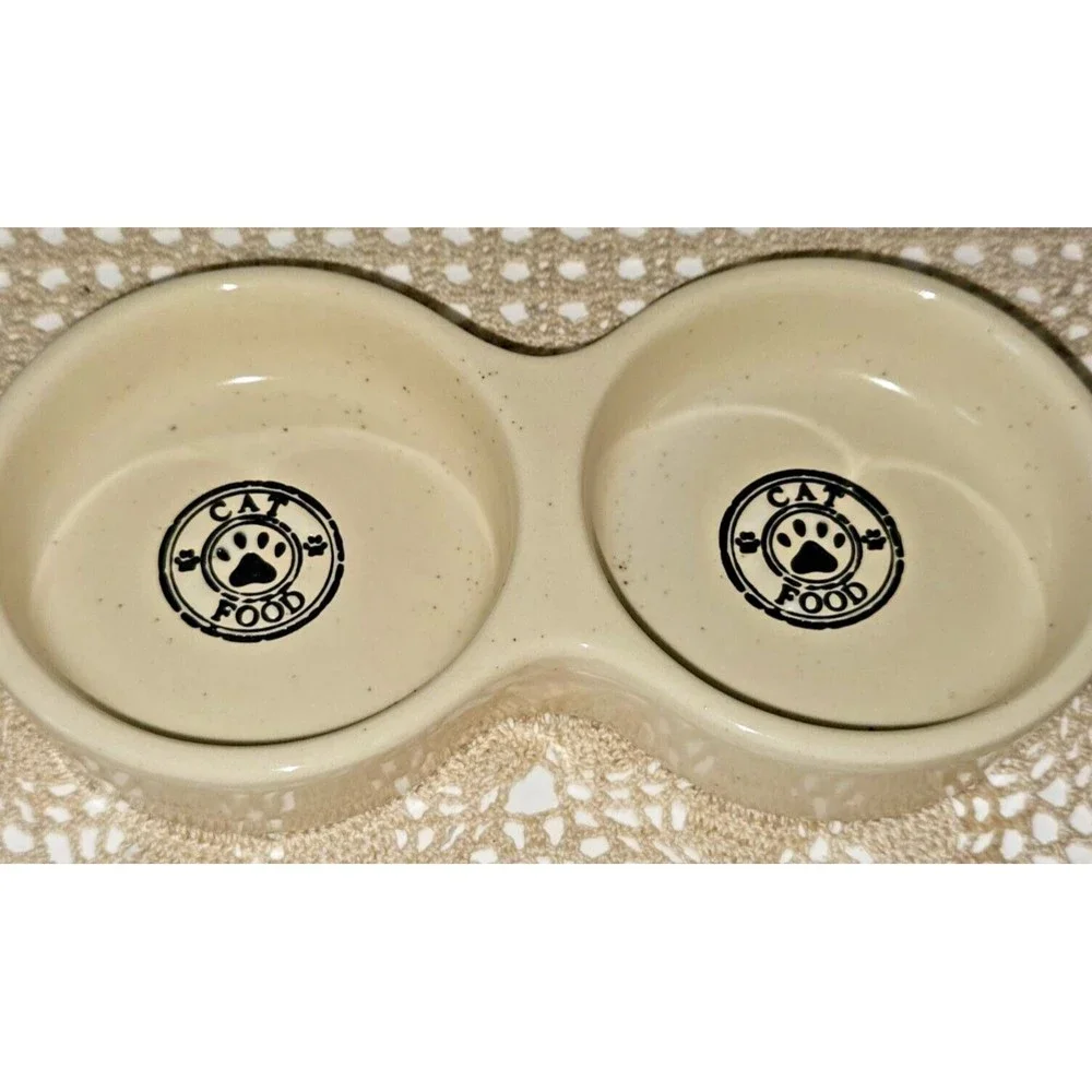 Double Sided Beige Speckled Ceramic Cat Food and Water Dish